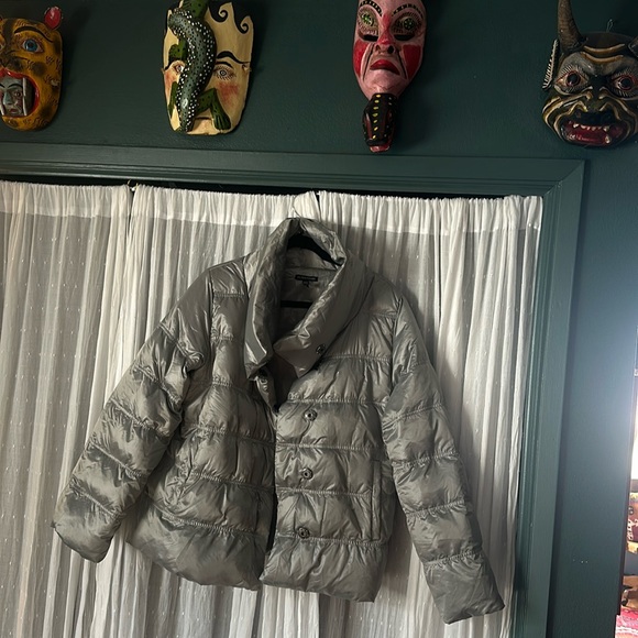 M Eileen Fisher Platinum Funnel Neck Puffer down coat. Silver. Snap buttons. EUC - Picture 3 of 16